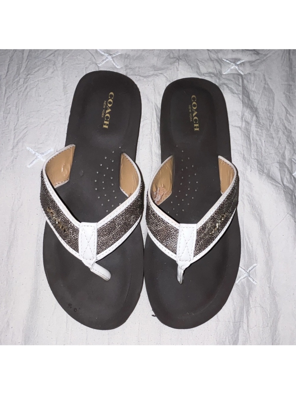 Coach Metallic Brown and White Trim Thong Sandals